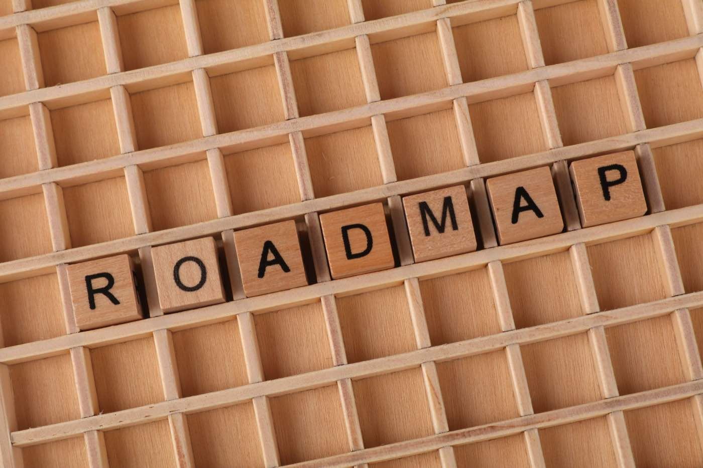 Izgara üzerinde 'roadmap' yazan ahşap harfler